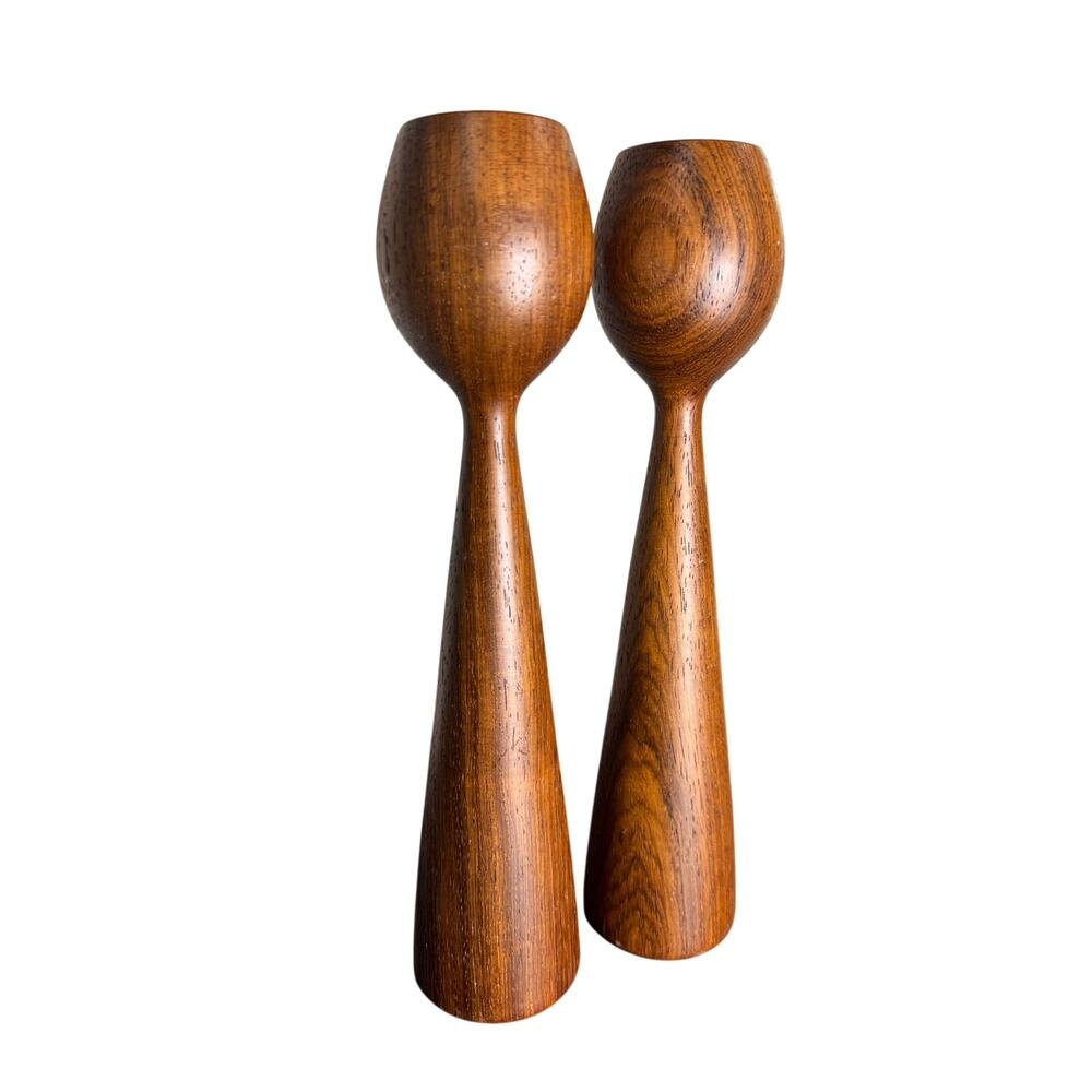 Vintage MCM Turned Wooden Scandi Candlesticks Pair